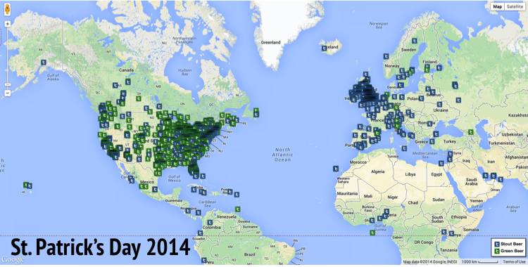 Location of Green Beer and Irish Stout Tweets during St. Patrick's Day 2014